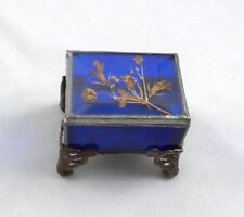 Vintage Cobalt Blue & Clear Beveled Glass Trinket/Hinged Box ~ Metal Legs/Trim picture