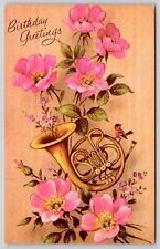 Postcard Wishing Happy Birthday Greetings Pink Flowers UNP VTG Unused Vintage picture