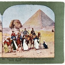 Giza Great Pyramid Sphinx Stereoview c1905 Cairo Egypt Tourists Camel Ride B429 picture