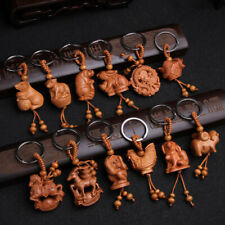 12PCS Wood Carving 3D Twelve Chinese Zodiac Animal Statue Key Chain Ring Pendant picture