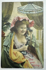 Antique Postcard Smiling Woman in Bonnet Candlestick Phone 