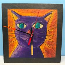Vintage 12” Pink Cloud Gallery Purple Kitty Cat Slate Clock Tara Cafiero 1997 picture