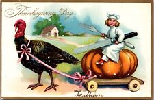 Thanksgiving PC Child Chef Riding Pumpkin Pulled by Turkey Giant Silverware picture