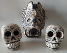 2 DAY OF THE DEAD 5in SKULLS and  1 WOODEN JAGUAR MASK GUATEMALAN FOLK ART picture