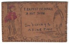 Leather Postcard Hand Carved & Colored Snowball Attack Wallkill, NY  c.1906 A2 picture