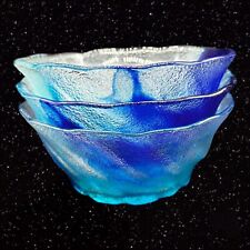 Sweden Art Glass Bowl Set 3 Art Glass Blue Swirl Swedish Glass Large 6.75”W 2.5” picture