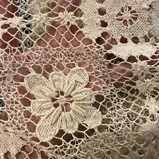 Antique Italian Filet Knotted Lace Tablecloth Dresser Scarf Ecru Natural 42 Sq picture