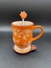 Vintage Handmade Temptations Floral Lace Orange Mug W/ Spoon + Coaster/Lid picture