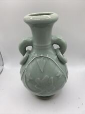 Vintage Chinese Celadon Green Floral And Ivy Vase With Baluster rings. 7.5” picture