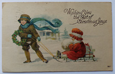 Antique 1923 Wishing You The Best Christmas Joys Kids Sled Gifts Holly Postcard picture