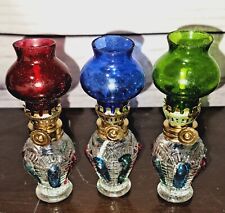 Vintage Mini Crown Kerosene Oil Lamps Red, Green, Blue Set of 3 New in Box picture