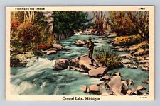 Central Lake MI-Michigan, Scenic View Fishing in Stream, Vintage Postcard picture