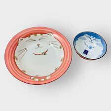 Maneki Neko Lucky Happy Cat Bowl Porcelain Pink Kitty Blue Salad Plate Set picture