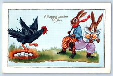 Easter Postcard Anthropomorphic Rabbit Angry Chicken Eggs Nest c1910's Antique picture