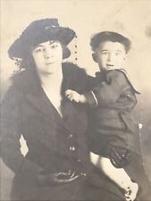 Antique 1910-1930 AZO RPPC Mom in Black w/ Adopted Son Real Photo Postcard picture