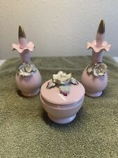 Vintage Pink Ceramic Vanity Set Perfume Bottles & Trinket Box picture