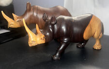 2 Wood Carved Two Tone Brown Rhinocerous *see description picture
