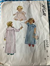 VTG 1940s McCall Pattern 6309 Girls Nightgown Size 3 Short/Long Sleeve (1945) picture