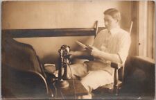 c1910s RPPC Real Photo Postcard Young Man in Office / Candlestick Telephone picture
