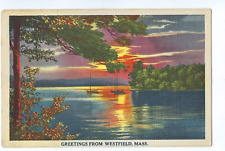 Greetings From Westfield Mass Postcard Lake Sunset Sailboats Linen picture