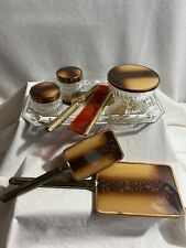 VTG Vanity Dressing 9 pc Set Tray Mirror Brush Jars Comb Nail File Floral Gold picture
