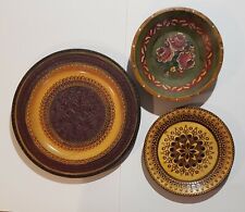 Polish, Carved, Painted Wooden Plates x 2 & 1 Hand Painted Bowl. Lot of 3.  picture