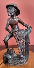 Hand Carved Wood Fisherman with Net and Fish picture
