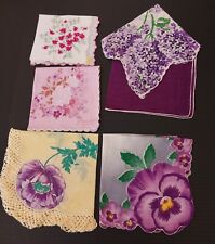 Incredibly Gorgeous Lot of 6 Purple *Lavendar Floral *Embroidered Hankerchiefs picture