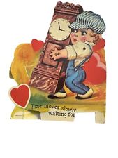 Vintage Antique Die Cut Mechanical Valentine Card Boy Carrying Clock 1938 picture