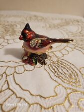 Vintage Cardinal Red Hinged Enamel Trinket Box With Jeweled Crystals picture
