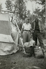 Man & Woman At Ranger Cabin Camp Tent Backpack B&W Photograph 2.75 x 3.75 picture