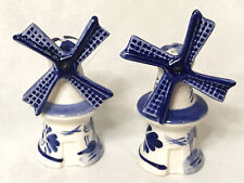 Vintage Dutch Deft Blue White Windmill Ceramic Salt and Pepper Shakers picture