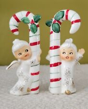 Vintage Ceramic Japan Christmas Kitsch Candy Cane Angel Figurines MCM 50's Rare picture