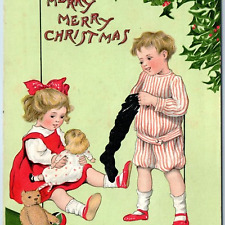 c1900s Raphael Tuck Christmas Children Series Xmas Present Doll / Coal Sock A218 picture