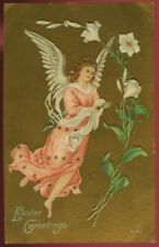 LOVELY VINTAGE EASTER POSTCARD ANGEL IN PINK WITH LILIES 21821 Q picture