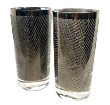 2 Vintage MCM Highball 12 oz Tumbler Glasses Silver Geometric Encrusted Overlay picture