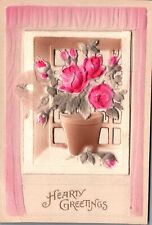 Vintage Postcard Hearty Greetings Card Pink Roses Flowers Vase Window Displayed picture