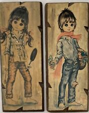 Vintage 60s MCM F Idylle Italy Big Eyed Boho Teenager Set of 2 Art Wall Hangings picture