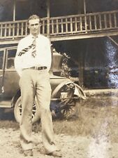 (AmF) FOUND Photo Photograph Man Posing By Old Car License Plate Early FORD picture