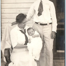 c1910s Outdoor Family w/ Newborn RPPC House Porch Baby New Mother & Father  A212 picture