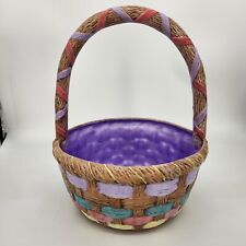 Vintage Hobbyist Hand Painted Ceramic Striped Handled Easter Basket Purple Green picture