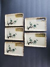 Set of 5 Japanese Side Salad Square Plates Glazes Textured Lacquered Tan Floral picture