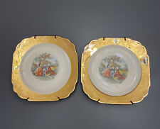 lot of 2 plates VNTG King Quality Handpainted Colonial Couple 22 Kt Gold FLAWS picture