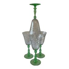 Unbranded Antique ‘20s-‘30s Etched Wine Goblets Uranium Glass Stem Set of 4 picture