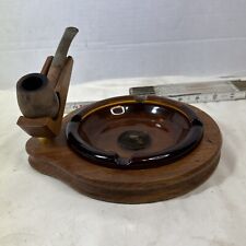 VINTAGE Decatur Industries Walnut Amber Glass Ashtray & Pipe Holder Used MCM picture
