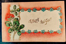 Antique Postcard A Happy New Year Shamrocks & Flowers Gold Trim Bavaria 1912 picture