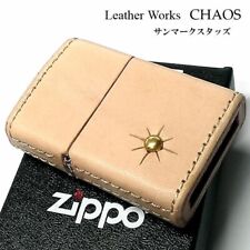 Zippo Oil Lighter Leather Works Chaos Sun Mark Studs Brown Regular Case Japan picture