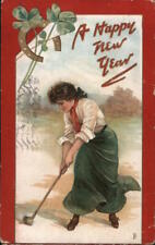 New Year/Lady 1908 A Happy New Year Tuck Woman,Golf Antique Postcard 1c stamp picture