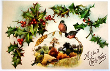 Postcard A Glad Christmas Birds Holly Embossed Made in Germany picture