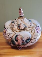 Vintage Capodimonte Italy Footed Covered Bowl Porcelain With Cherubs #446 picture
